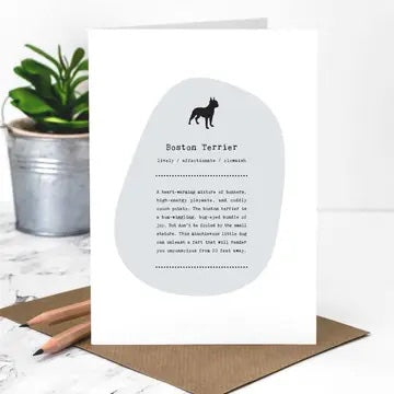 A greeting card with a Boston Terrier silhouette and information text, placed on a brown envelope, with a plant and a pencil in the background.