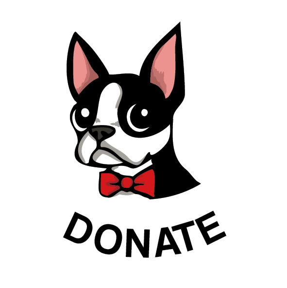 Cartoon dog with a red bow tie and 'DONATE' text on a white background