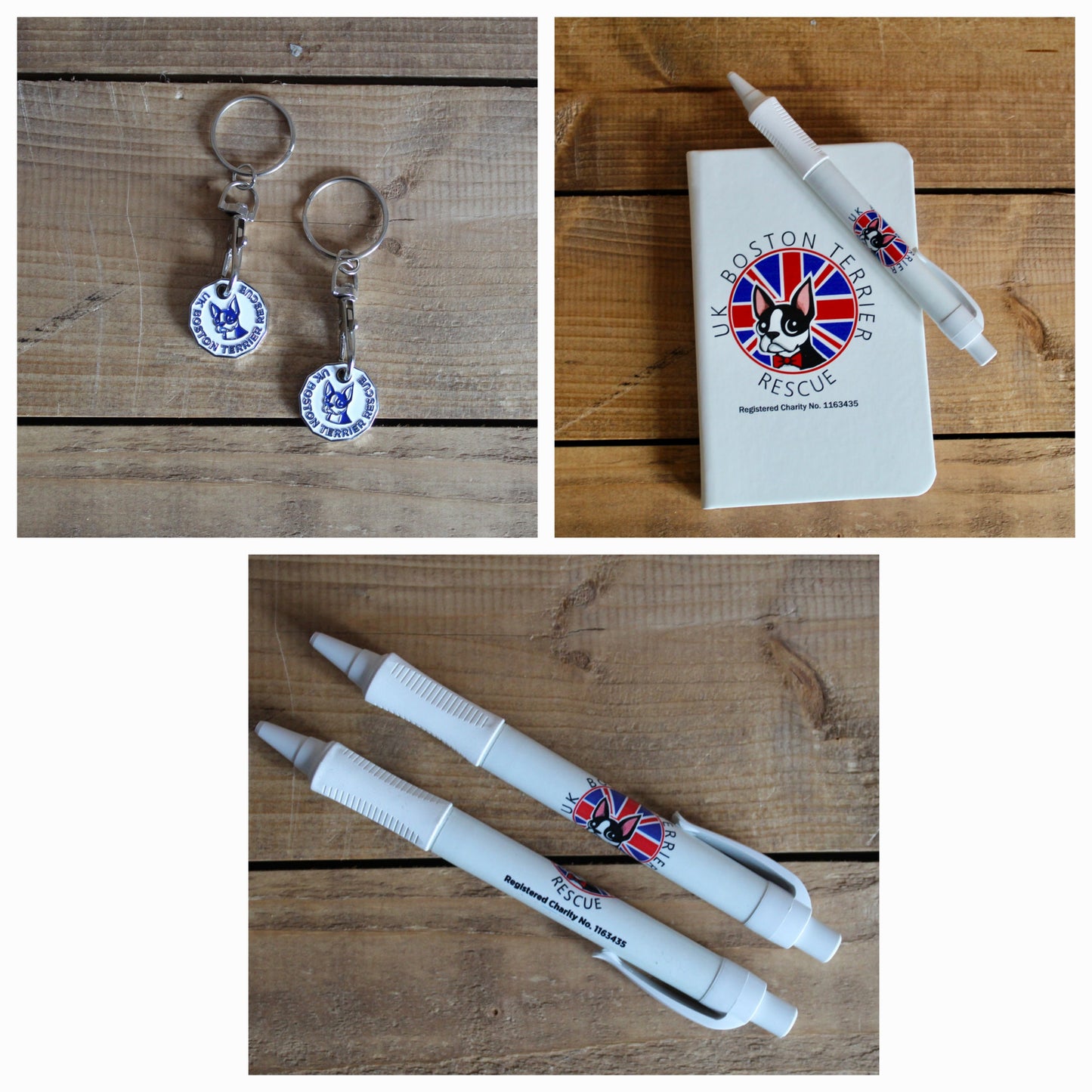 A three-panel collage showing Boston Harbor Rescue branded merchandise on a wooden surface: two round keychains with blue and white Harbor Rescue emblems, a small white notebook with the Boston Harbor Rescue logo and a matching pen, and two white pens with the Boston Harbor Rescue logo and Union Jack graphic.