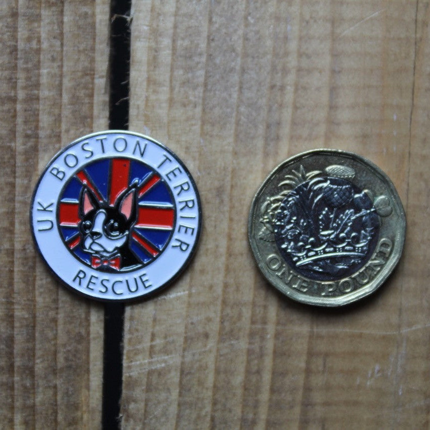 A round pin badge with a butterfly clutch fastener, featuring the UK Boston Terrier Rescue logo, next to a coin for size comparison.