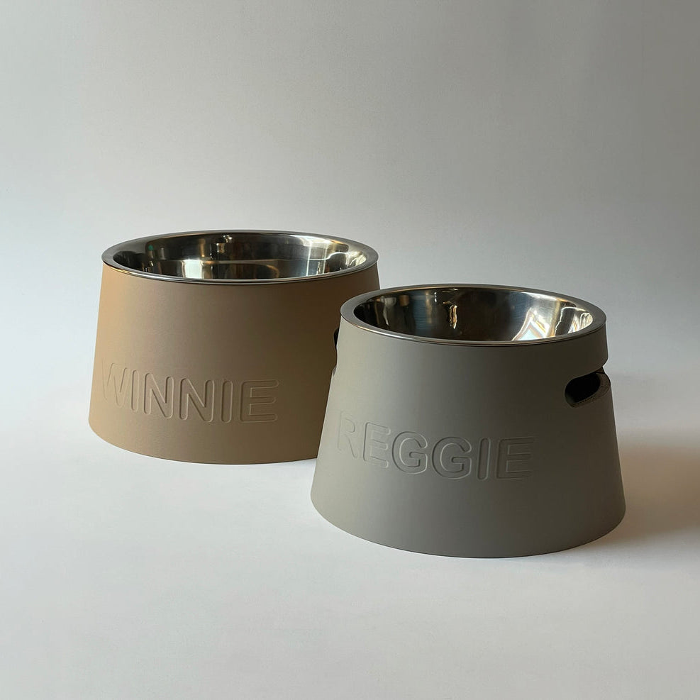 Two pet feeder bowls with matte-colored silicone outer sleeves and stainless steel interiors, labeled 'MINNIE' and 'REGGIE', on a light gray background.