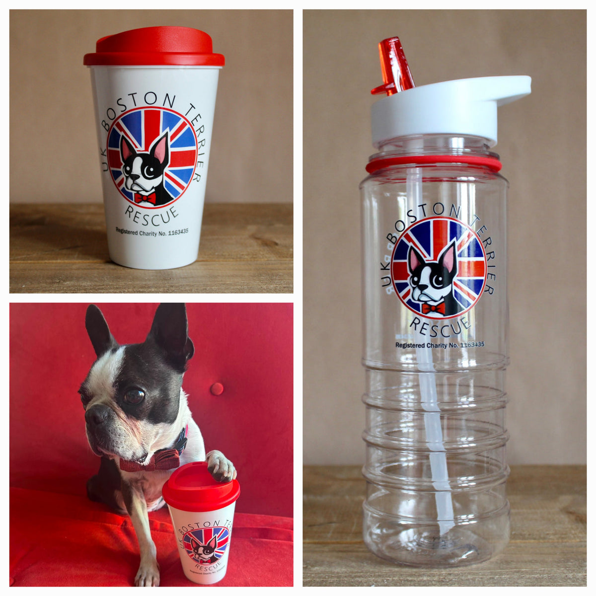 A collage showing a Boston Terrier Rescue travel cup and matching water bottle. The top-left panel shows the white travel cup with a red lid on a wooden surface.