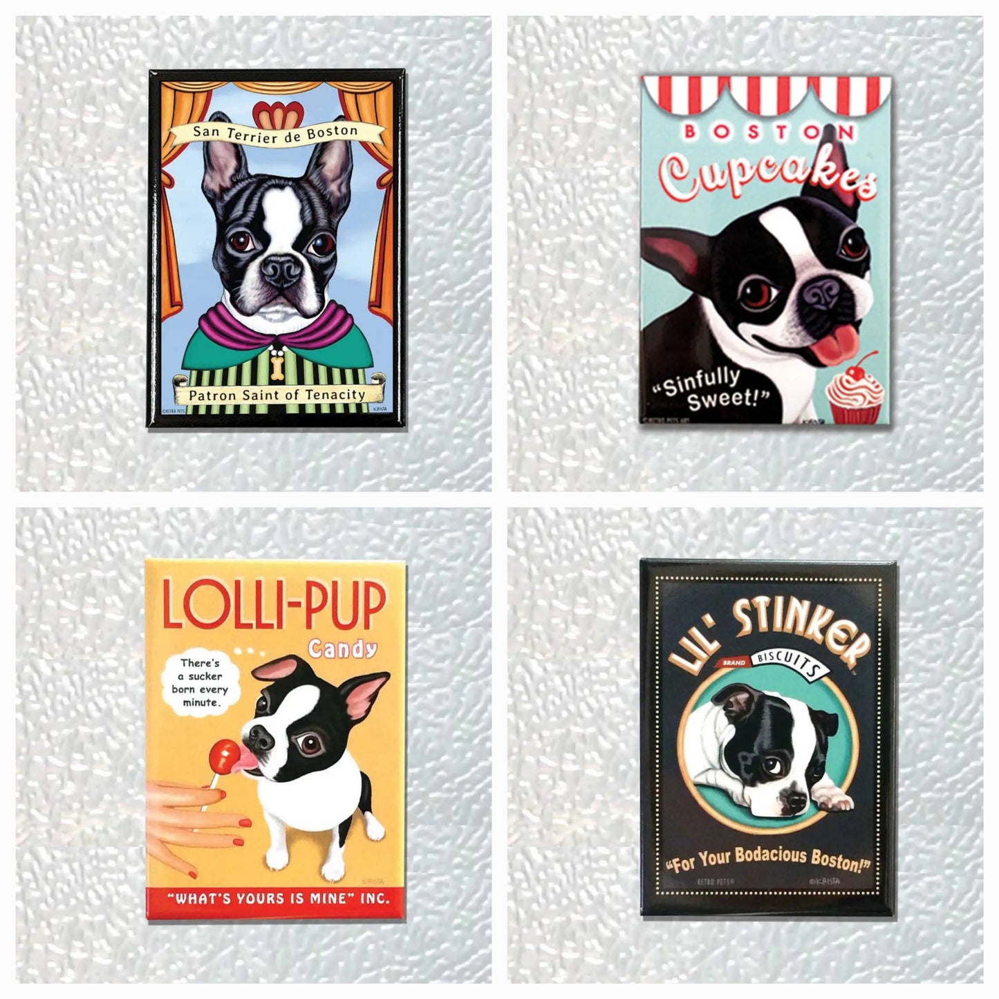 Four Boston Terrier-themed decorative cards or prints arranged in a 2x2 grid on a light textured background. The designs include a Sanitary Dog card, a Boston Cupcakes card, a LOLLI-PUP Candy card, and a Lil' Stinker Comedy card, each featuring illustrated Boston Terriers and colorful text.