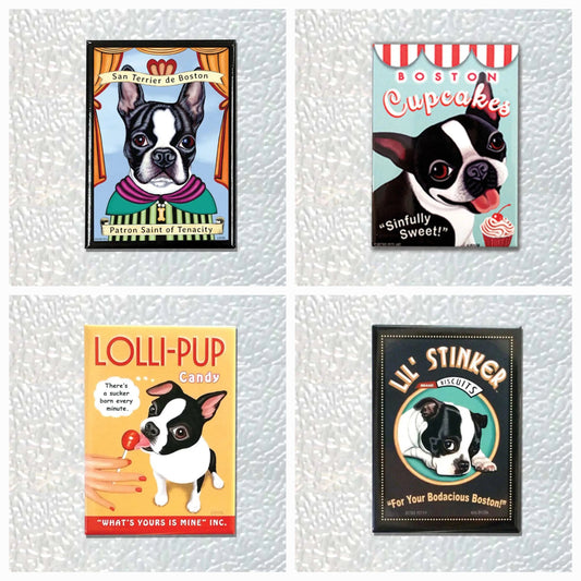 Four Boston Terrier-themed decorative cards or prints arranged in a 2x2 grid on a light textured background. The designs include a Sanitary Dog card, a Boston Cupcakes card, a LOLLI-PUP Candy card, and a Lil' Stinker Comedy card, each featuring illustrated Boston Terriers and colorful text.