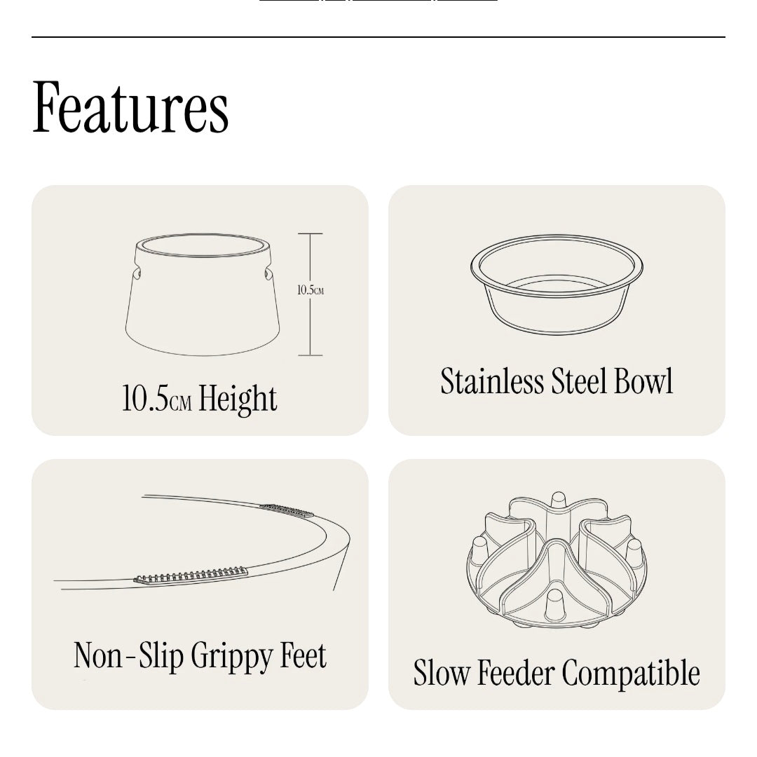 Features infographic showing a stainless steel slow feeder bowl with four labeled line drawings: 10.5 cm height, stainless steel bowl, non-slip grippy feet, and slow feeder compatible.