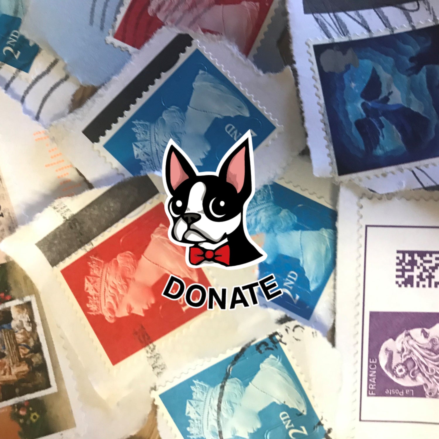 A collage of vintage-style postage stamps in blue, red, purple, and cream tones, with a central cartoon dog head wearing a red bow tie above the word "DONATE.".