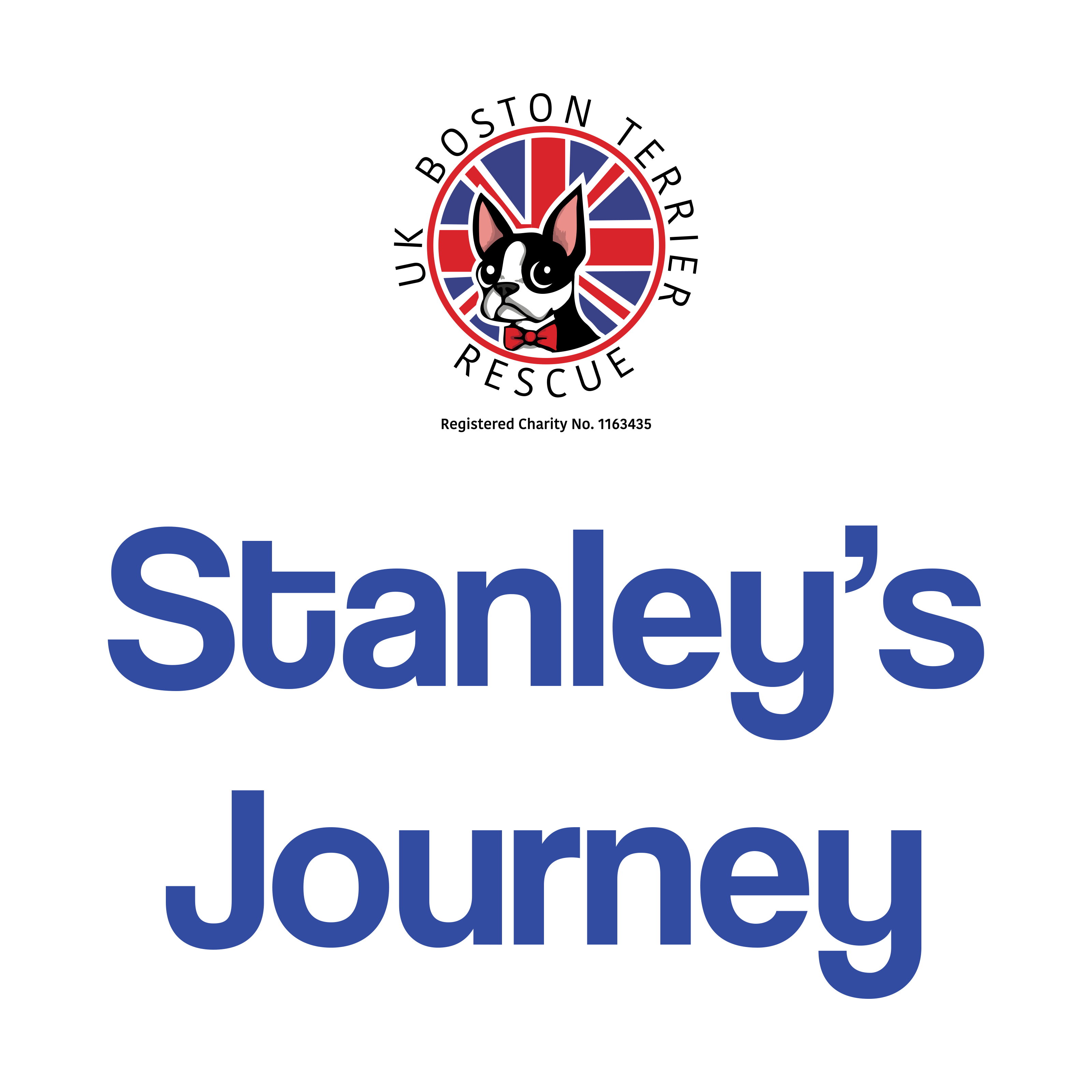 Logo of UK Boston Terrier Rescue with text 'Stanley's Journey' on a white background