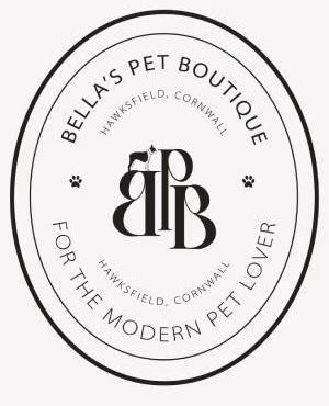 Logo of Bella's Pet Boutique with text and paw prints on a white background