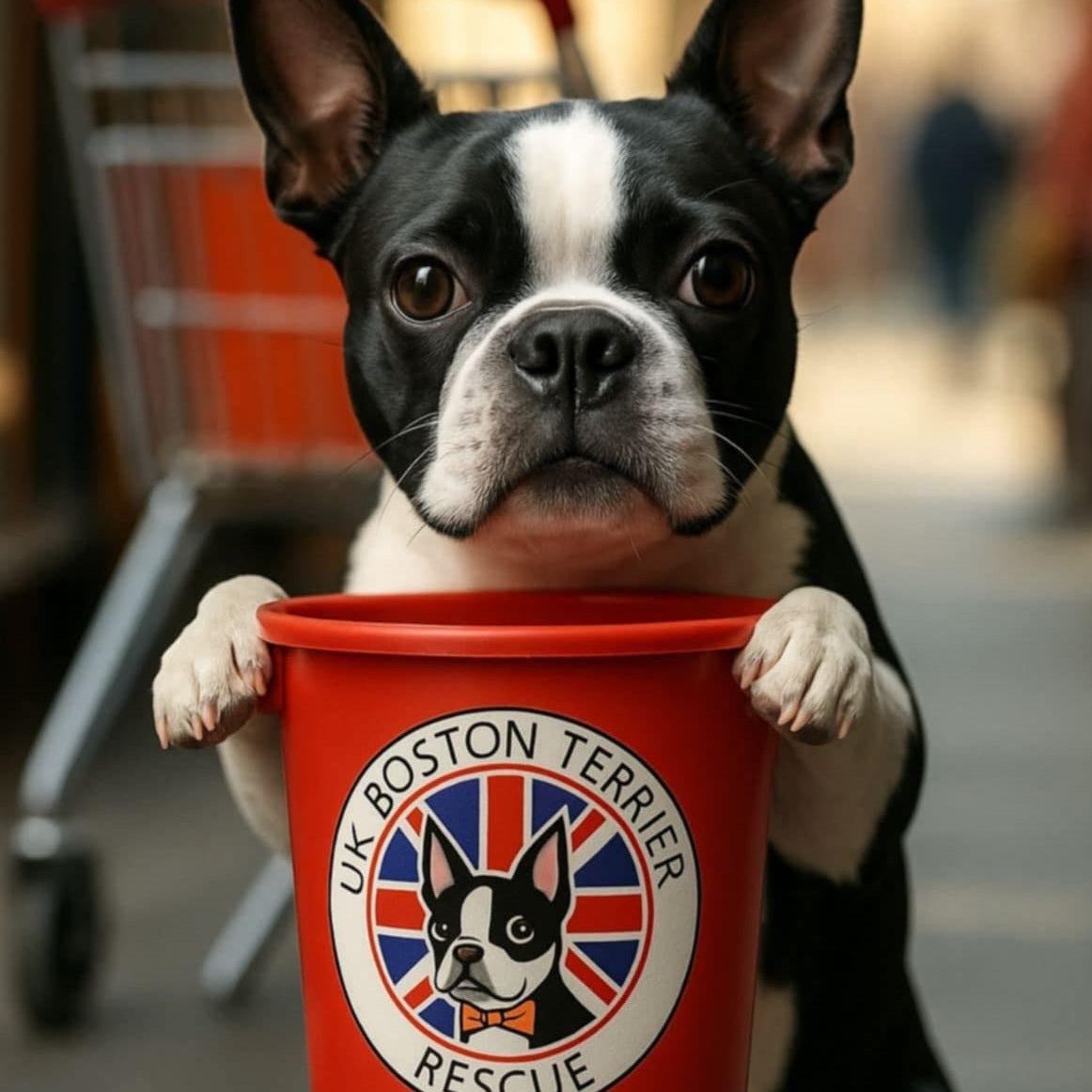 boston terrier with donation bucket